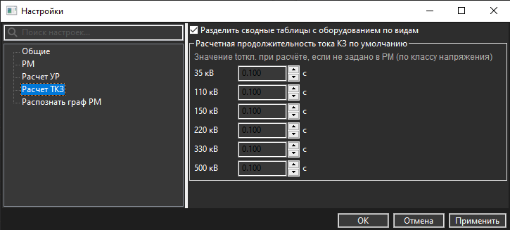 Панель расчёта токов КЗ