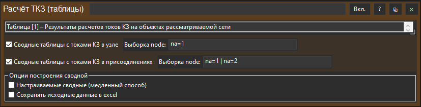 Панель расчёта токов КЗ